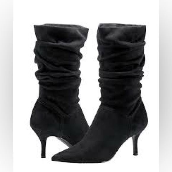 NIB women’s 9 1/2M black leather midcalf heeled business casual slouchy boots - Picture 1 of 11